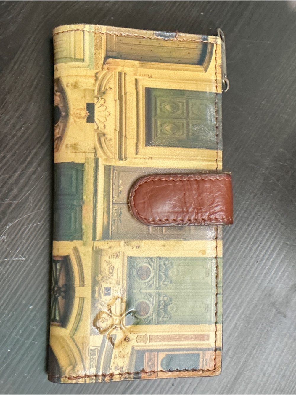 Patricia Nash Beige Green Printed Leather Wallet with Brown Strap
